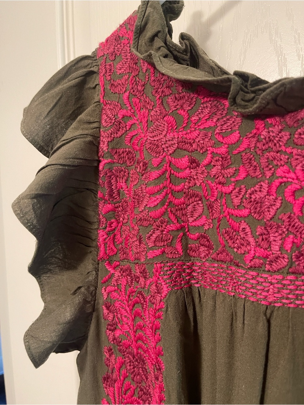 Olive Green Mini Dress with Pink Embroidered Accents